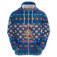Korea Christmas Zip Hoodie with Bear in Hanbok National Emblem and Traditional Boat Pattern Design - Wonder Print Shop