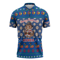 Korea Christmas Zipper Polo Shirt with Bear in Hanbok National Emblem and Traditional Boat Pattern Design - Wonder Print Shop