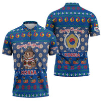 Korea Christmas Zipper Polo Shirt with Bear in Hanbok National Emblem and Traditional Boat Pattern Design - Wonder Print Shop
