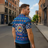 Korea Christmas Zipper Polo Shirt with Bear in Hanbok National Emblem and Traditional Boat Pattern Design - Wonder Print Shop