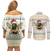 Oh Christmas Bee Bee Christmas Couples Matching Off Shoulder Short Dress and Long Sleeve Button Shirt Xmas Holiday Patterns - Wonder Print Shop
