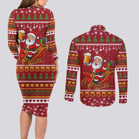 One More Night Santa Beer Christmas Couples Matching Long Sleeve Bodycon Dress and Long Sleeve Button Shirt Xmas Holiday Patterns - Wonder Print Shop