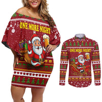 One More Night Santa Beer Christmas Couples Matching Off Shoulder Short Dress and Long Sleeve Button Shirt Xmas Holiday Patterns - Wonder Print Shop
