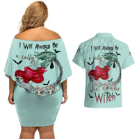 Salty Witch Mermaid Halloween Couples Matching Off Shoulder Short Dress and Hawaiian Shirt - Wonder Print Shop