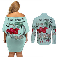 Salty Witch Mermaid Halloween Couples Matching Off Shoulder Short Dress and Long Sleeve Button Shirt - Wonder Print Shop