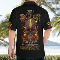 Men's black short-sleeve button-up with back skull flame graphic and text
