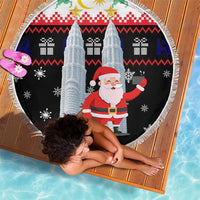 Malaysia Christmas Beach Blanket with Santa Claus Petronas Towers Snowflakes and Festive Icons - Wonder Print Shop