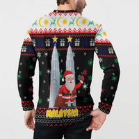 Malaysia Christmas Button Sweatshirt with Santa Claus Petronas Towers Snowflakes and Festive Icons - Wonder Print Shop