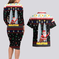 Malaysia Christmas Couples Matching Long Sleeve Bodycon Dress and Hawaiian Shirt with Santa Claus Petronas Towers Snowflakes and Festive Icons - Wonder Print Shop