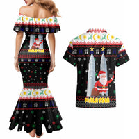 Malaysia Christmas Couples Matching Mermaid Dress and Hawaiian Shirt with Santa Claus Petronas Towers Snowflakes and Festive Icons - Wonder Print Shop