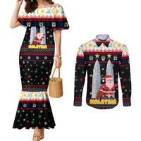 Malaysia Christmas Couples Matching Mermaid Dress and Long Sleeve Button Shirt with Santa Claus Petronas Towers Snowflakes and Festive Icons - Wonder Print Shop
