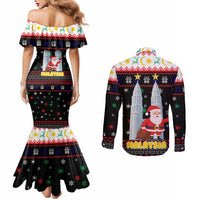 Malaysia Christmas Couples Matching Mermaid Dress and Long Sleeve Button Shirt with Santa Claus Petronas Towers Snowflakes and Festive Icons - Wonder Print Shop