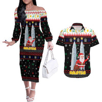 Malaysia Christmas Couples Matching Off The Shoulder Long Sleeve Dress and Hawaiian Shirt with Santa Claus Petronas Towers Snowflakes and Festive Icons - Wonder Print Shop