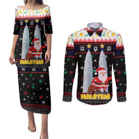 Malaysia Christmas Couples Matching Puletasi and Long Sleeve Button Shirt with Santa Claus Petronas Towers Snowflakes and Festive Icons - Wonder Print Shop