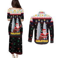 Malaysia Christmas Couples Matching Puletasi and Long Sleeve Button Shirt with Santa Claus Petronas Towers Snowflakes and Festive Icons - Wonder Print Shop
