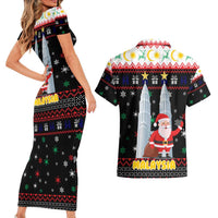 Malaysia Christmas Couples Matching Short Sleeve Bodycon Dress and Hawaiian Shirt with Santa Claus Petronas Towers Snowflakes and Festive Icons - Wonder Print Shop