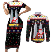 Malaysia Christmas Couples Matching Short Sleeve Bodycon Dress and Long Sleeve Button Shirt with Santa Claus Petronas Towers Snowflakes and Festive Icons - Wonder Print Shop