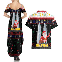 Malaysia Christmas Couples Matching Summer Maxi Dress and Hawaiian Shirt with Santa Claus Petronas Towers Snowflakes and Festive Icons - Wonder Print Shop