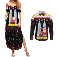 Malaysia Christmas Couples Matching Summer Maxi Dress and Long Sleeve Button Shirt with Santa Claus Petronas Towers Snowflakes and Festive Icons - Wonder Print Shop