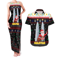 Malaysia Christmas Couples Matching Tank Maxi Dress and Hawaiian Shirt with Santa Claus Petronas Towers Snowflakes and Festive Icons - Wonder Print Shop