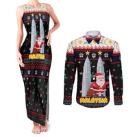 Malaysia Christmas Couples Matching Tank Maxi Dress and Long Sleeve Button Shirt with Santa Claus Petronas Towers Snowflakes and Festive Icons - Wonder Print Shop