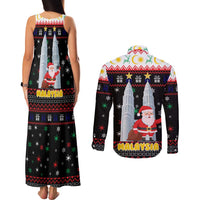 Malaysia Christmas Couples Matching Tank Maxi Dress and Long Sleeve Button Shirt with Santa Claus Petronas Towers Snowflakes and Festive Icons - Wonder Print Shop