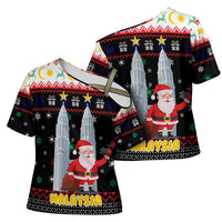 Malaysia Christmas Cross Shoulder Shirt with Santa Claus Petronas Towers Snowflakes and Festive Icons - Wonder Print Shop