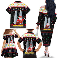 Malaysia Christmas Family Matching Off The Shoulder Long Sleeve Dress and Hawaiian Shirt with Santa Claus Petronas Towers Snowflakes and Festive Icons - Wonder Print Shop