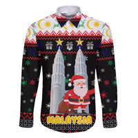 Malaysia Christmas Family Matching Off The Shoulder Long Sleeve Dress and Hawaiian Shirt with Santa Claus Petronas Towers Snowflakes and Festive Icons - Wonder Print Shop
