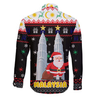Malaysia Christmas Family Matching Off The Shoulder Long Sleeve Dress and Hawaiian Shirt with Santa Claus Petronas Towers Snowflakes and Festive Icons - Wonder Print Shop