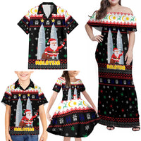 Malaysia Christmas Family Matching Off Shoulder Maxi Dress and Hawaiian Shirt with Santa Claus Petronas Towers Snowflakes and Festive Icons - Wonder Print Shop