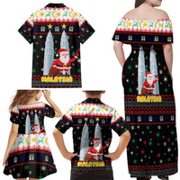 Malaysia Christmas Family Matching Off Shoulder Maxi Dress and Hawaiian Shirt with Santa Claus Petronas Towers Snowflakes and Festive Icons - Wonder Print Shop