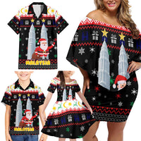 Malaysia Christmas Family Matching Off Shoulder Short Dress and Hawaiian Shirt with Santa Claus Petronas Towers Snowflakes and Festive Icons - Wonder Print Shop