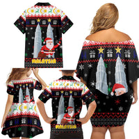 Malaysia Christmas Family Matching Off Shoulder Short Dress and Hawaiian Shirt with Santa Claus Petronas Towers Snowflakes and Festive Icons - Wonder Print Shop