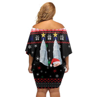Malaysia Christmas Family Matching Off Shoulder Short Dress and Hawaiian Shirt with Santa Claus Petronas Towers Snowflakes and Festive Icons - Wonder Print Shop