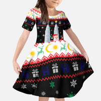 Malaysia Christmas Kid Short Sleeve Dress with Santa Claus Petronas Towers Snowflakes and Festive Icons - Wonder Print Shop