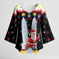 Malaysia Christmas Kimono Sleeve Blouse with Santa Claus Petronas Towers Snowflakes and Festive Icons - Wonder Print Shop