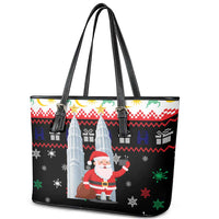 Malaysia Christmas Leather Tote Bag with Santa Claus Petronas Towers Snowflakes and Festive Icons - Wonder Print Shop