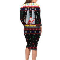 Malaysia Christmas Long Sleeve Bodycon Dress with Santa Claus Petronas Towers Snowflakes and Festive Icons - Wonder Print Shop