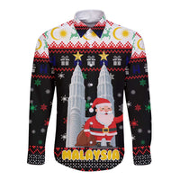 Malaysia Christmas Long Sleeve Button Shirt with Santa Claus Petronas Towers Snowflakes and Festive Icons - Wonder Print Shop