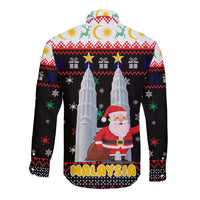 Malaysia Christmas Long Sleeve Button Shirt with Santa Claus Petronas Towers Snowflakes and Festive Icons - Wonder Print Shop