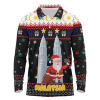 Malaysia Christmas Long Sleeve Polo Shirt with Santa Claus Petronas Towers Snowflakes and Festive Icons - Wonder Print Shop