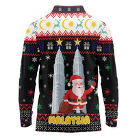 Malaysia Christmas Long Sleeve Polo Shirt with Santa Claus Petronas Towers Snowflakes and Festive Icons - Wonder Print Shop