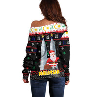 Malaysia Christmas Off Shoulder Sweater with Santa Claus Petronas Towers Snowflakes and Festive Icons - Wonder Print Shop
