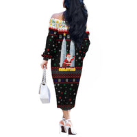 Malaysia Christmas Off The Shoulder Long Sleeve Dress with Santa Claus Petronas Towers Snowflakes and Festive Icons - Wonder Print Shop