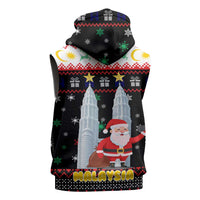 Malaysia Christmas Sleeveless Zip Hoodie with Santa Claus Petronas Towers Snowflakes and Festive Icons - Wonder Print Shop
