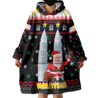 Malaysia Christmas Wearable Blanket Hoodie with Santa Claus Petronas Towers Snowflakes and Festive Icons - Wonder Print Shop
