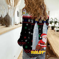 Malaysia Christmas Women Casual Shirt with Santa Claus Petronas Towers Snowflakes and Festive Icons - Wonder Print Shop