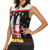 Malaysia Christmas Women Sleeveless Polo Shirt with Santa Claus Petronas Towers Snowflakes and Festive Icons - Wonder Print Shop