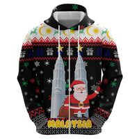 Malaysia Christmas Zip Hoodie with Santa Claus Petronas Towers Snowflakes and Festive Icons - Wonder Print Shop